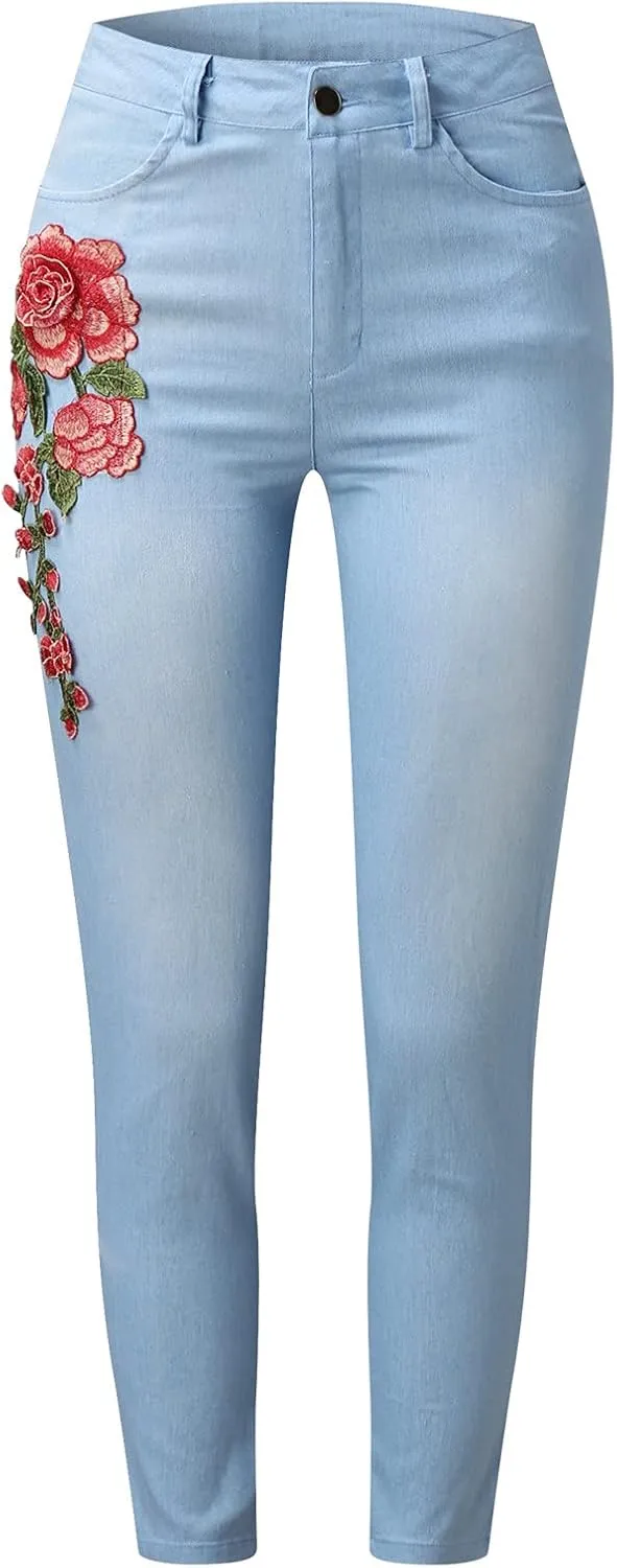 Jeans for Women High Waist - Casual Embroidery Pencil Pants Pants High Waist Womens Skinny Pants