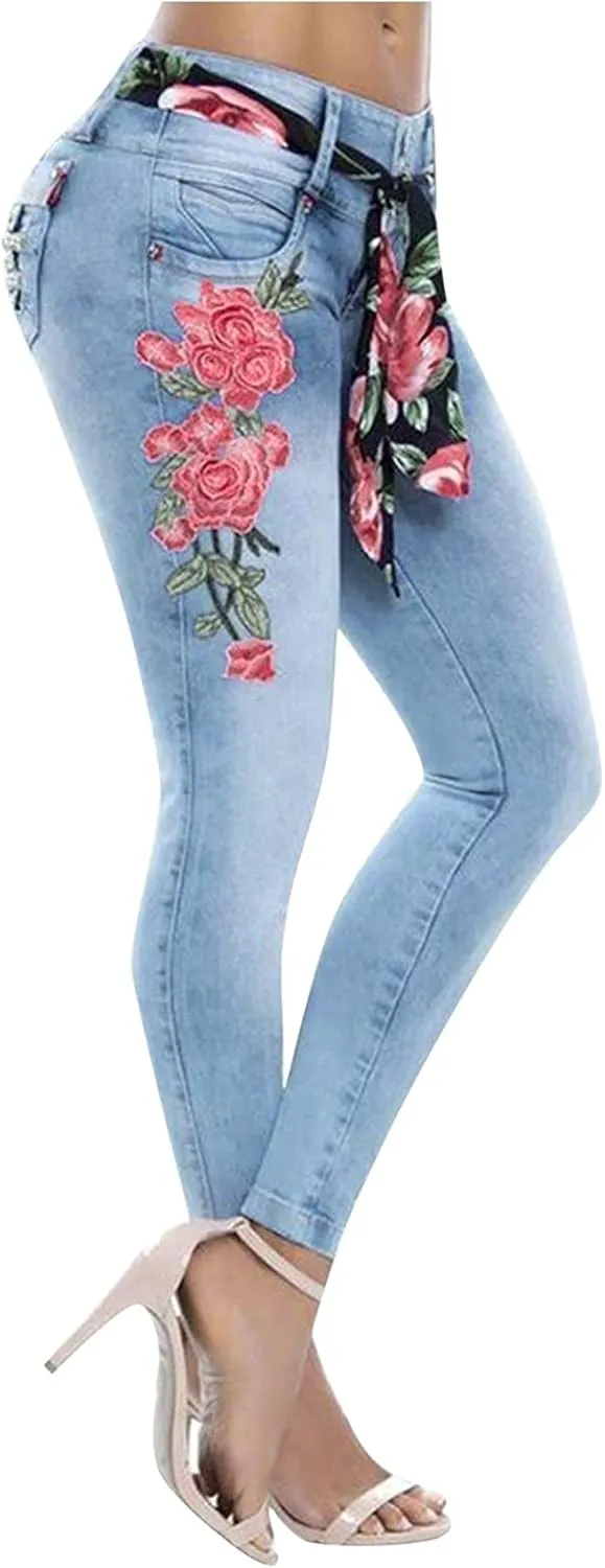 Jeans for Women High Waist - Casual Embroidery Pencil Pants Pants High Waist Womens Skinny Pants