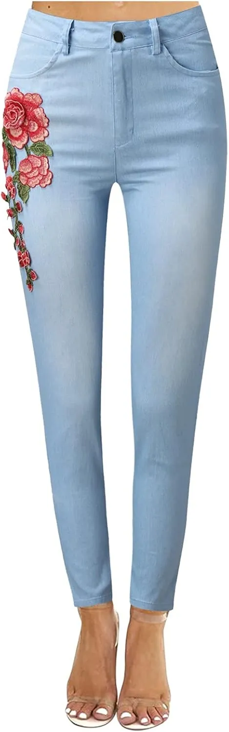 Jeans for Women High Waist - Casual Embroidery Pencil Pants Pants High Waist Womens Skinny Pants