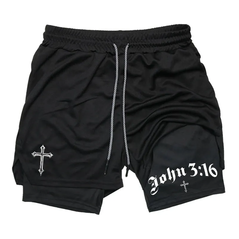 John 3:16 Cross Print 2-in-1 Men’s Running Shorts – Christian Activewear with Phone Pocket; Towel Loop
