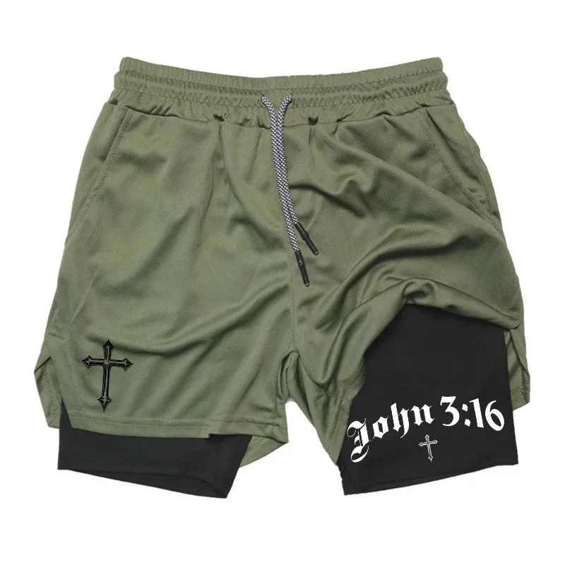 John 3:16 Cross Print 2-in-1 Men’s Running Shorts – Christian Activewear with Phone Pocket; Towel Loop