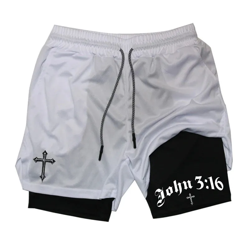 John 3:16 Cross Print 2-in-1 Men’s Running Shorts – Christian Activewear with Phone Pocket; Towel Loop