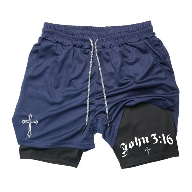 John 3:16 Cross Print 2-in-1 Men’s Running Shorts – Christian Activewear with Phone Pocket; Towel Loop