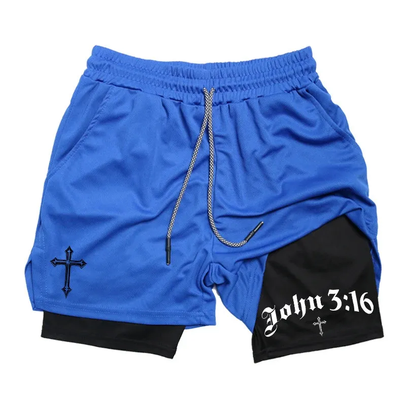 John 3:16 Cross Print 2-in-1 Men’s Running Shorts – Christian Activewear with Phone Pocket; Towel Loop