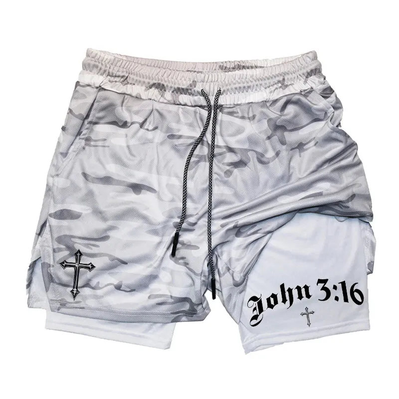 John 3:16 Cross Print 2-in-1 Men’s Running Shorts – Christian Activewear with Phone Pocket; Towel Loop