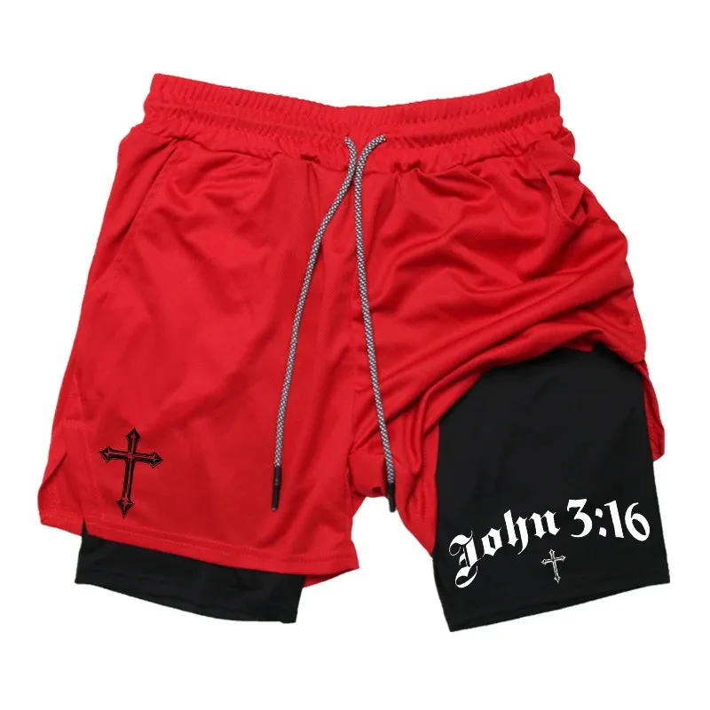 John 3:16 Cross Print 2-in-1 Men’s Running Shorts – Christian Activewear with Phone Pocket; Towel Loop