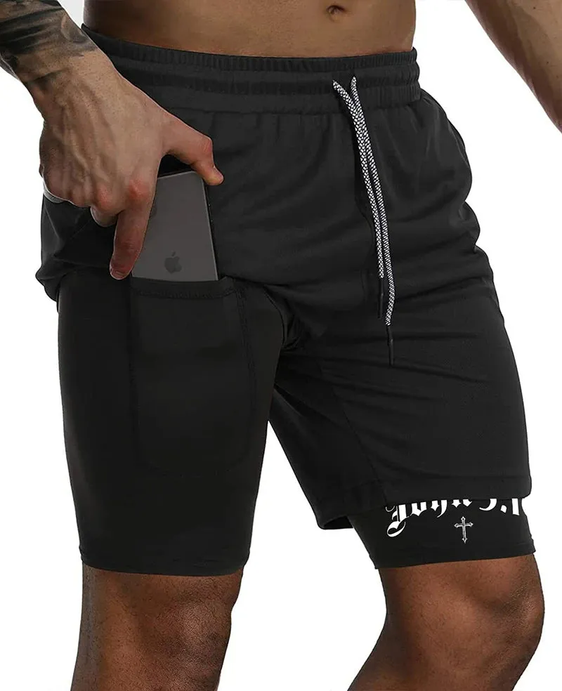 John 3:16 Cross Print 2-in-1 Men’s Running Shorts – Christian Activewear with Phone Pocket; Towel Loop