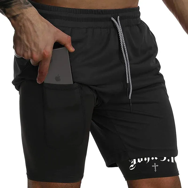 John 3:16 Cross Print 2-in-1 Men’s Running Shorts – Christian Activewear with Phone Pocket; Towel Loop