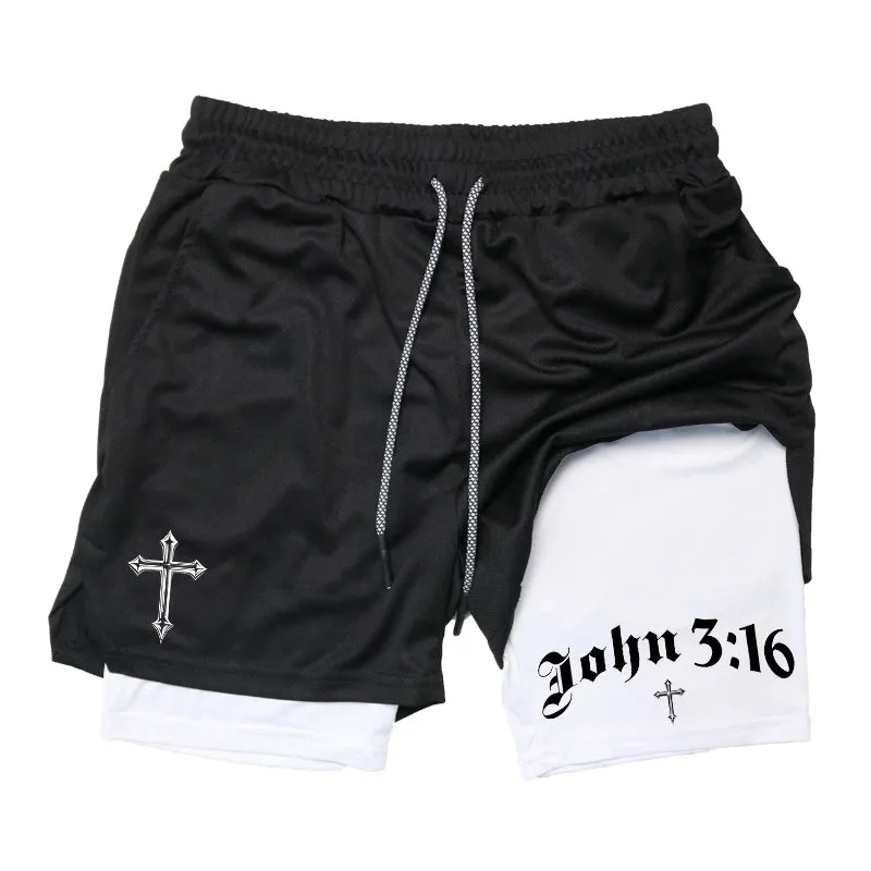 John 3:16 Cross Print 2-in-1 Men’s Running Shorts – Christian Activewear with Phone Pocket; Towel Loop