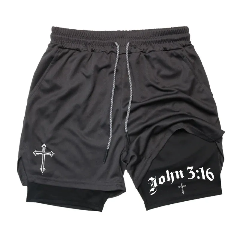 John 3:16 Cross Print 2-in-1 Men’s Running Shorts – Christian Activewear with Phone Pocket; Towel Loop