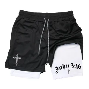 John 3:16 Cross Print 2-in-1 Men’s Running Shorts – Christian Activewear with Phone Pocket; Towel Loop