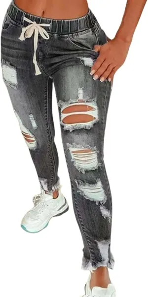 Kubbon Women Skinny Stretch Ripped Jeans Casual High Waist Destroyed Denim Pants Frayed Raw Hem Trousher with Pockets