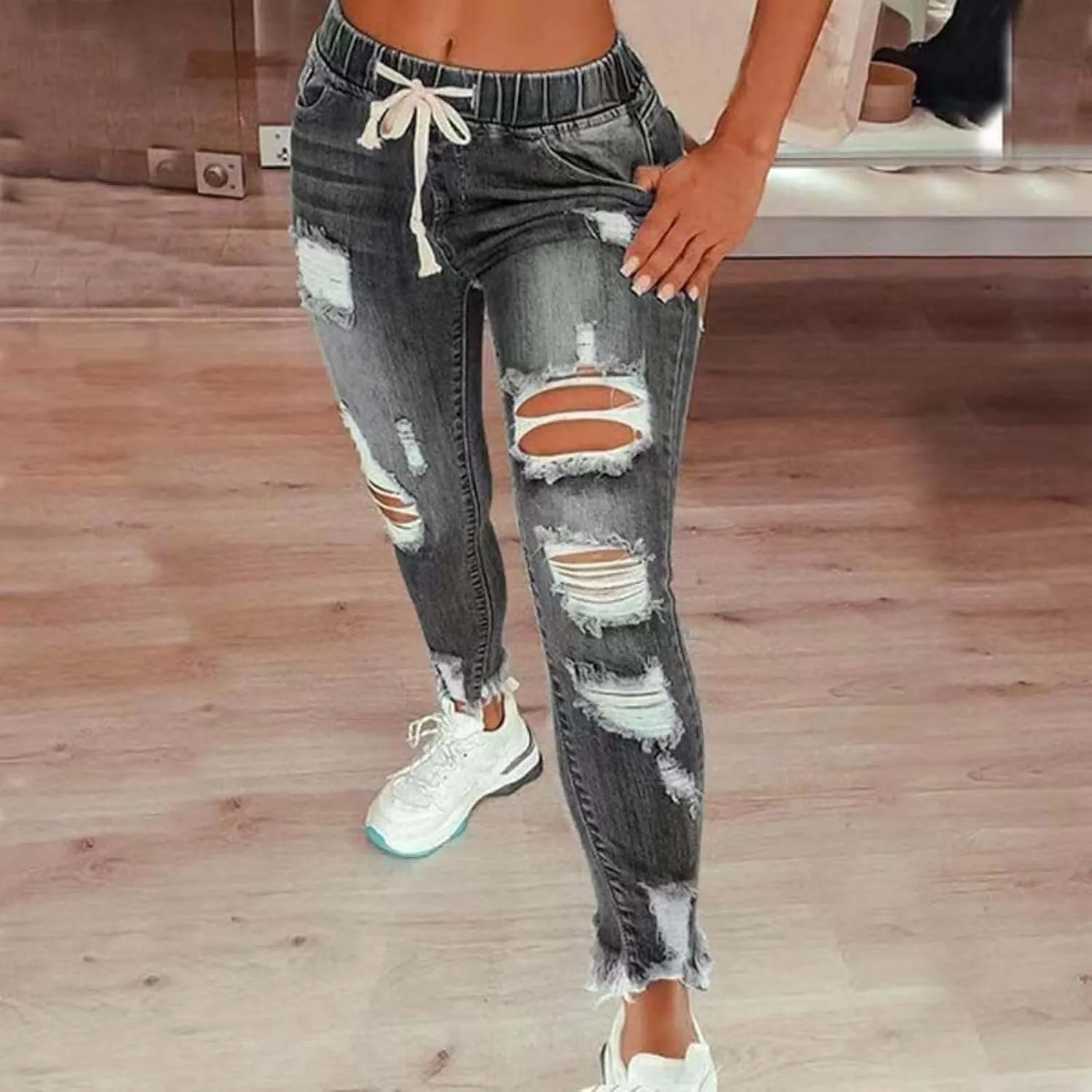 Kubbon Women Skinny Stretch Ripped Jeans Casual High Waist Destroyed Denim Pants Frayed Raw Hem Trousher with Pockets