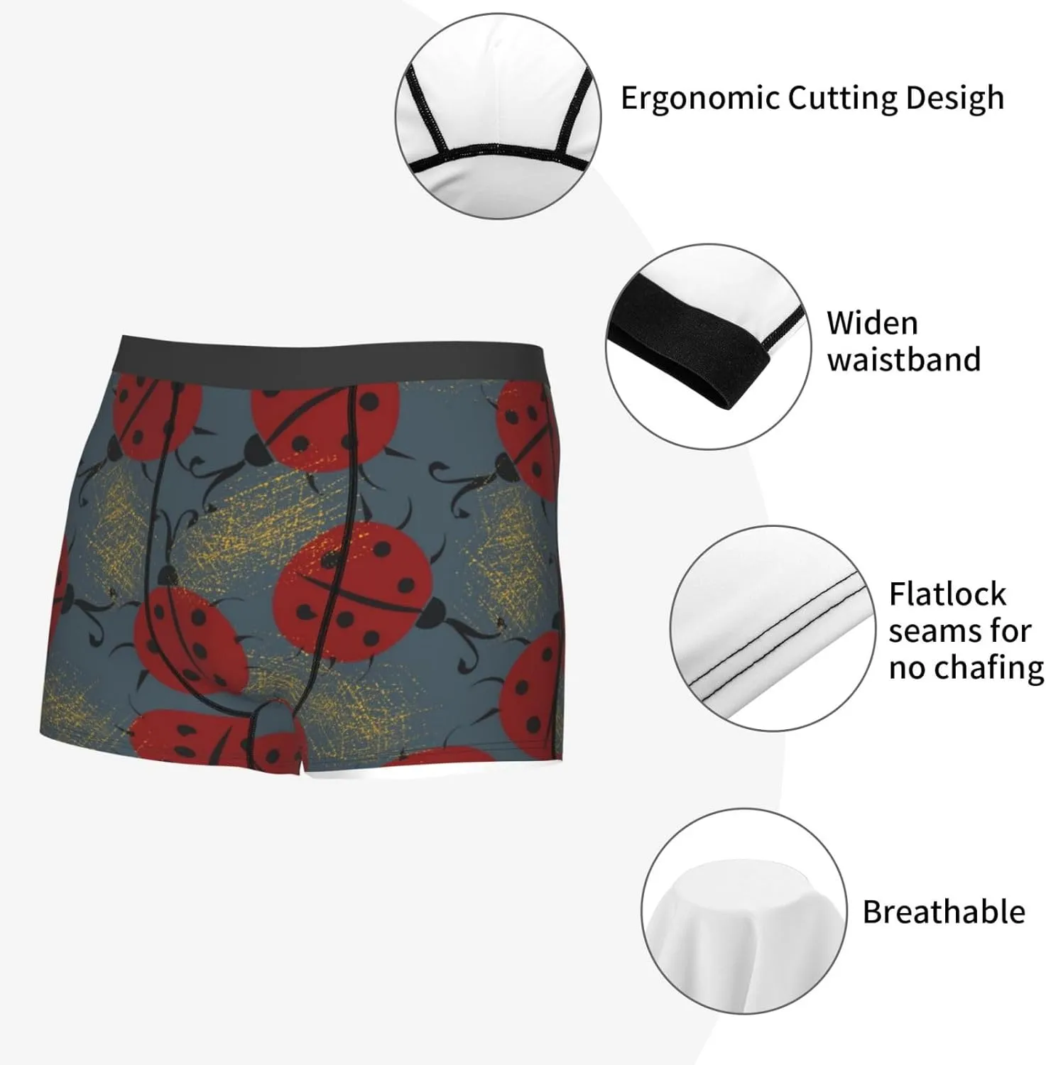 Ladybug Print Boxer Briefs For Men Breathable Underwear-