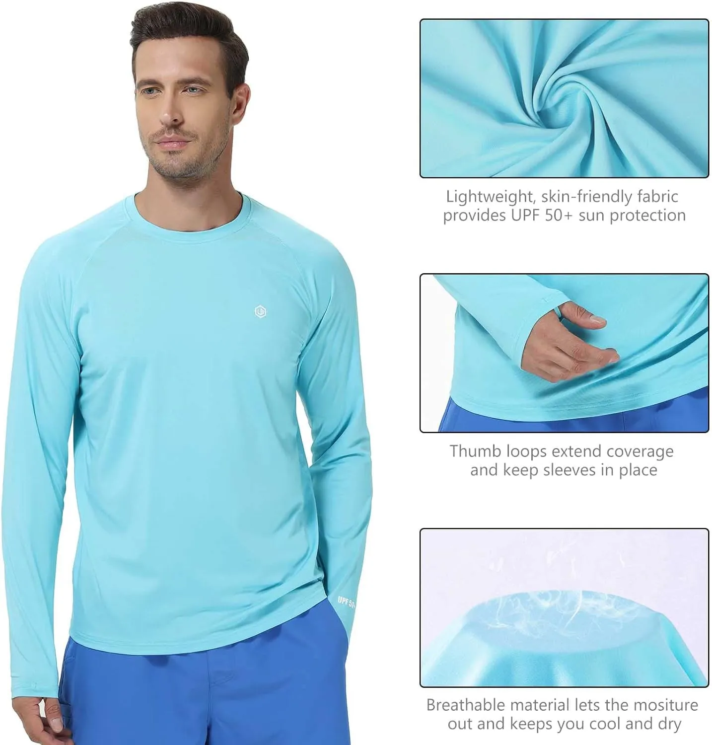 Lightbare Men’s UPF 50  UV Sun Protection Lightweight Long Sleeve T-Shirt Quick Dry for Outdoor Hiking Running