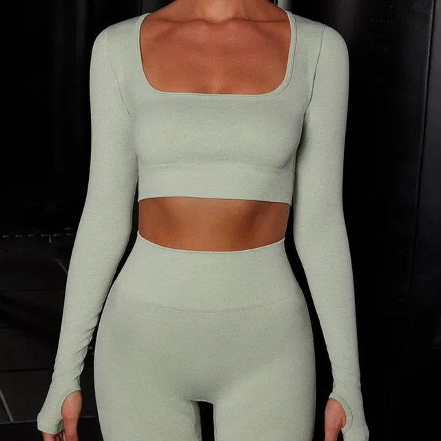 Long Sleeve Seamless Yoga Set Square Crop Top Gym Leggings High Waist Slim Fit Sport Suit Workout Tracksuit Fitness Sportswear