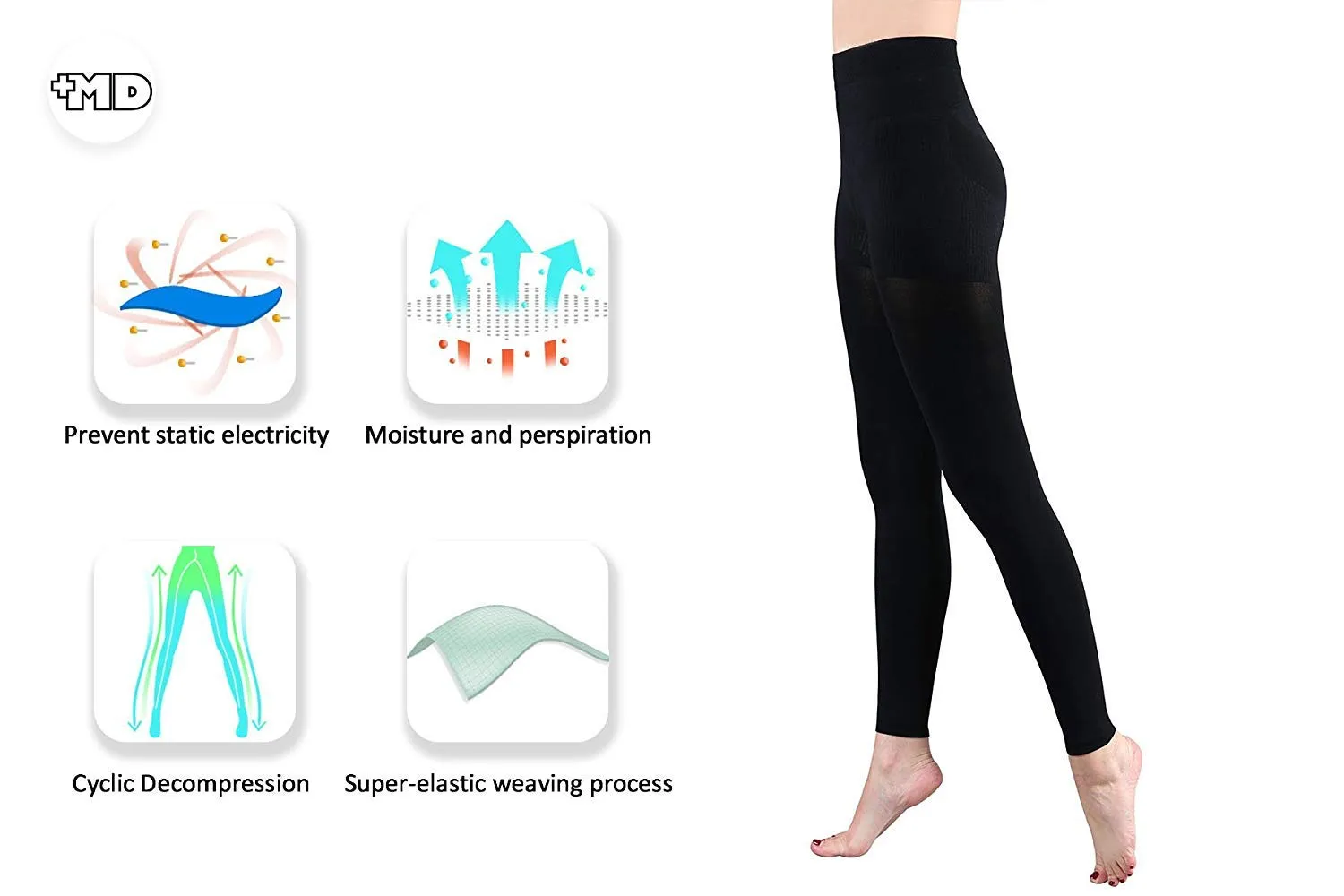  MD 15-20mmHg Women's Footless Compression Pantyhose Tights Medical Quality Support Stocking BlackM Medium-Large Black