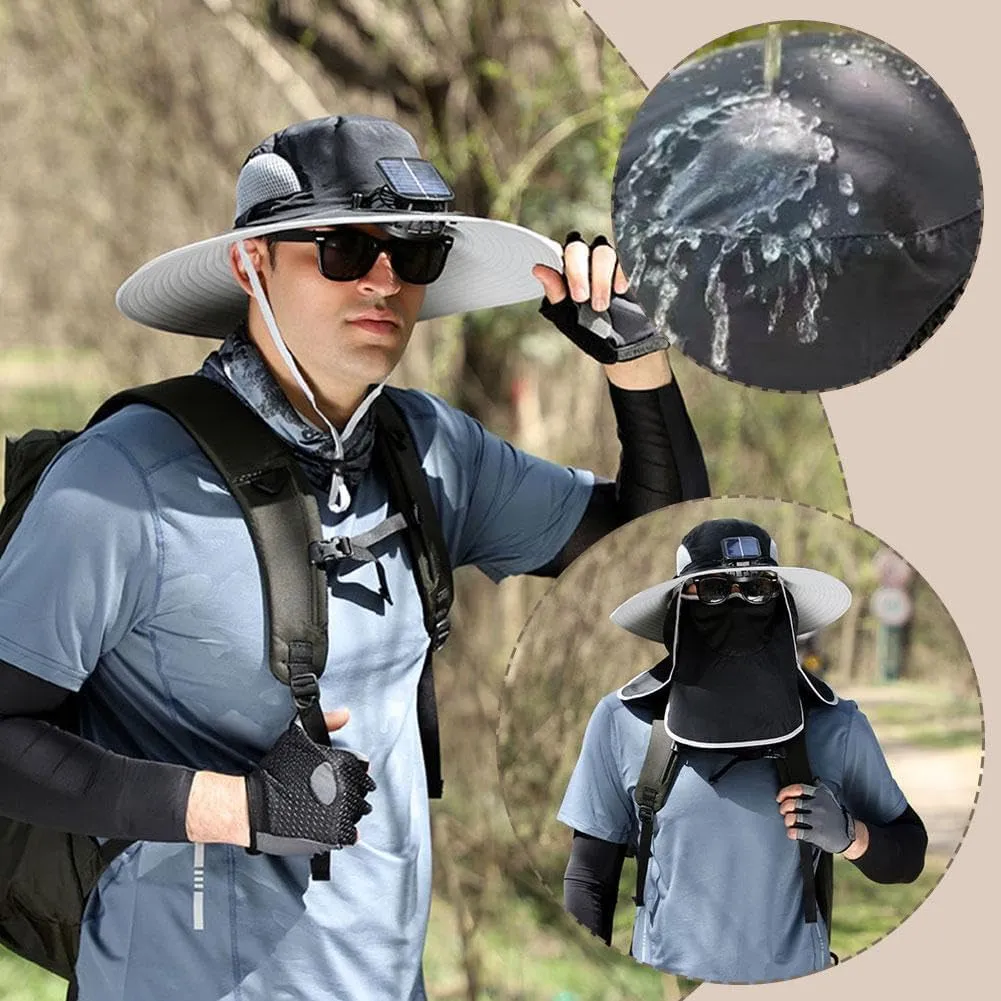 Men Women Wide Brim Sun Hats with 2 Solar Fan Waterproof Breathable Bucket Hat, UPF 50  Waterproof Breathable Hat (Style 4)
