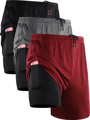 Mens 2 in 1 Dry Fit Workout Shorts w/ Liner & 3 Pa ckPockets,Black Gray Red