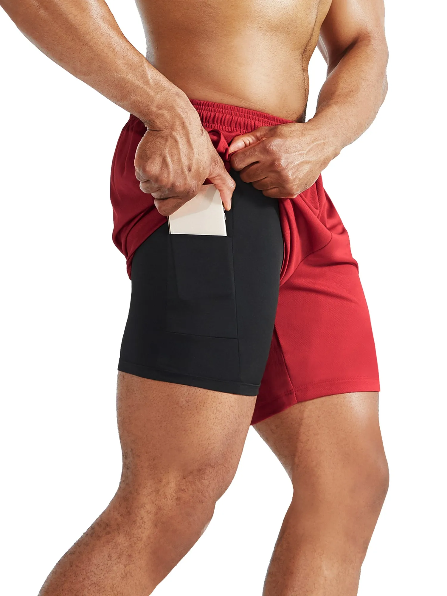 Mens 2 in 1 Dry Fit Workout Shorts w/ Liner & 3 Pa ckPockets,Black Gray Red