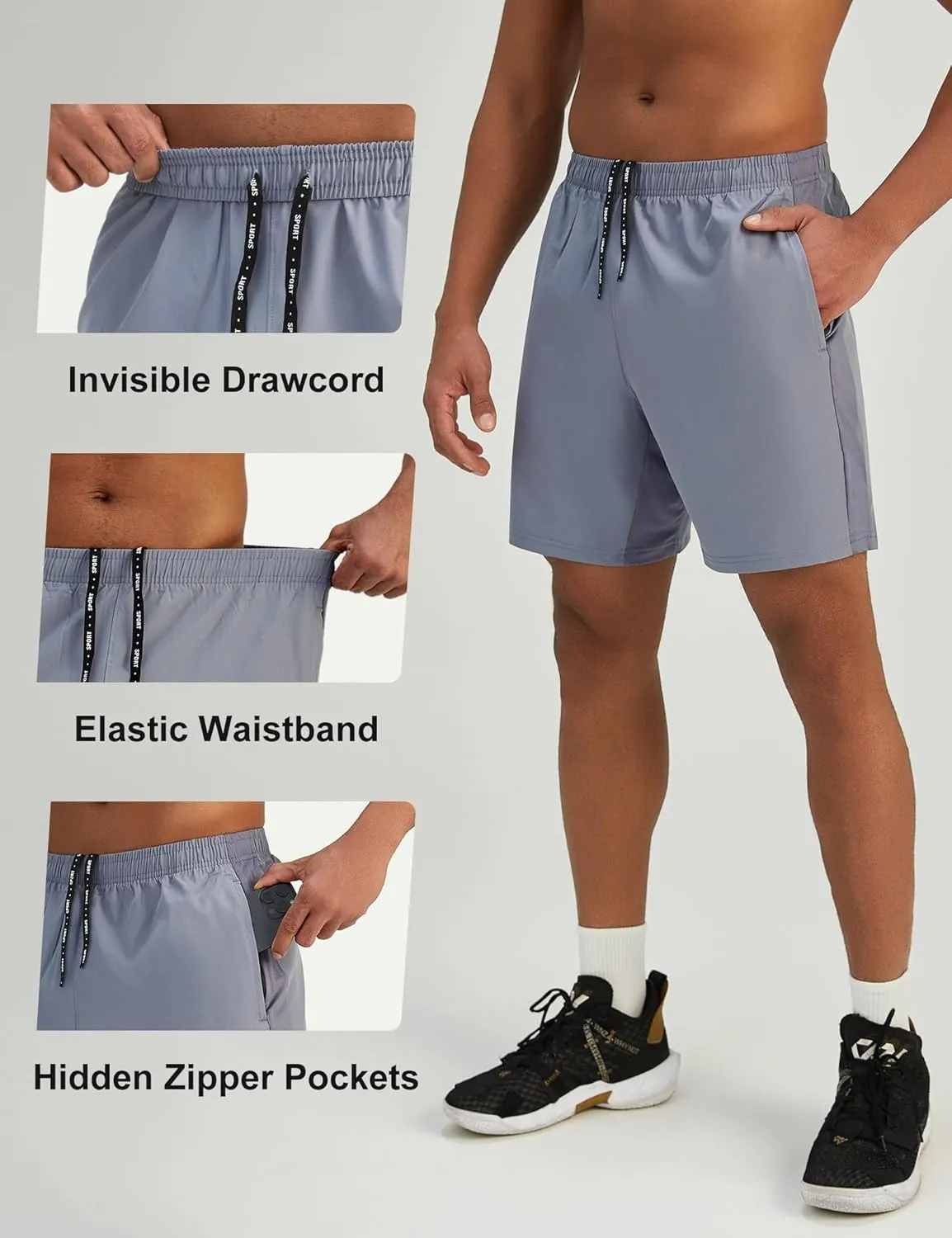 Mens 7'' Lightweight Athletic Shorts Quick Dry Gym Workout Running Shorts with Zipper Pockets