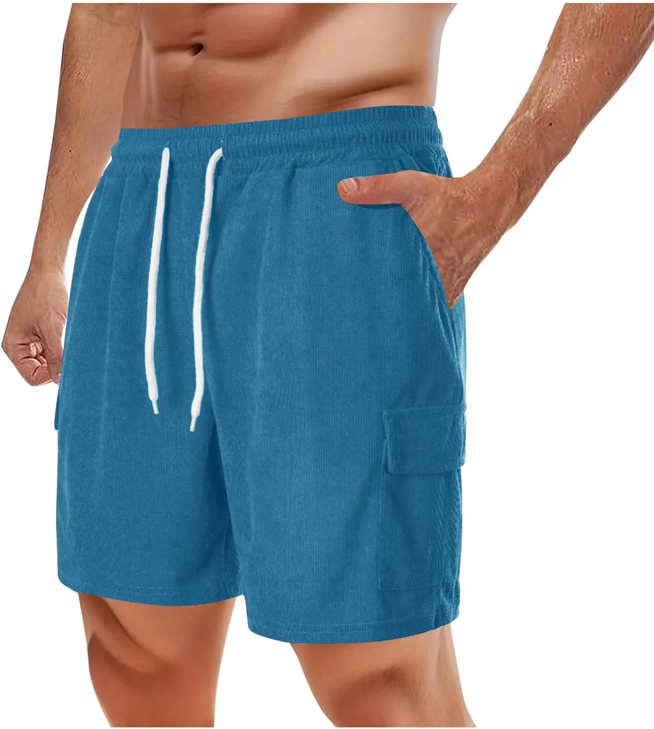 Men's Beach Cargo Shorts Casual Corduroy Elastic Waist Drawstring Lightweight Summer Beach Cargo Shorts
