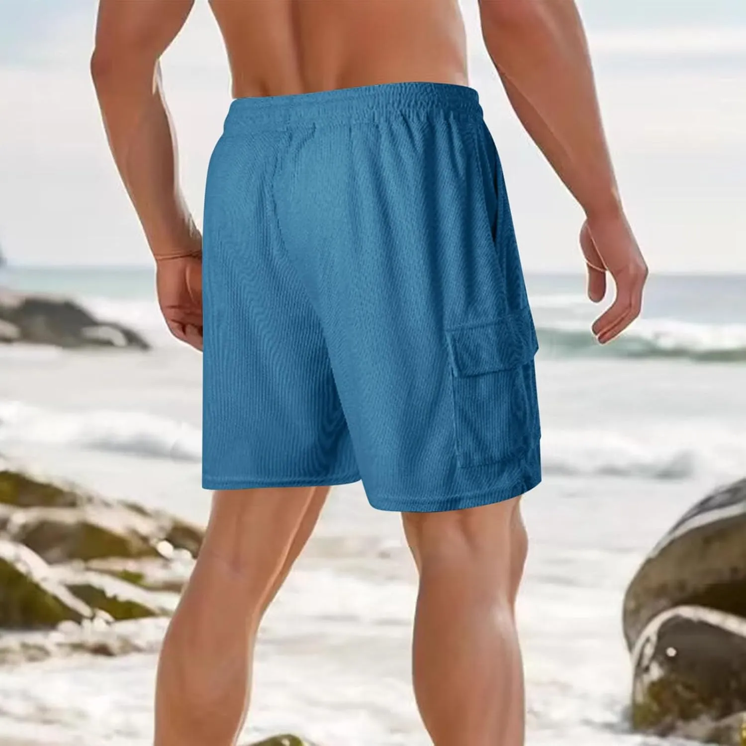 Men's Beach Cargo Shorts Casual Corduroy Elastic Waist Drawstring Lightweight Summer Beach Cargo Shorts