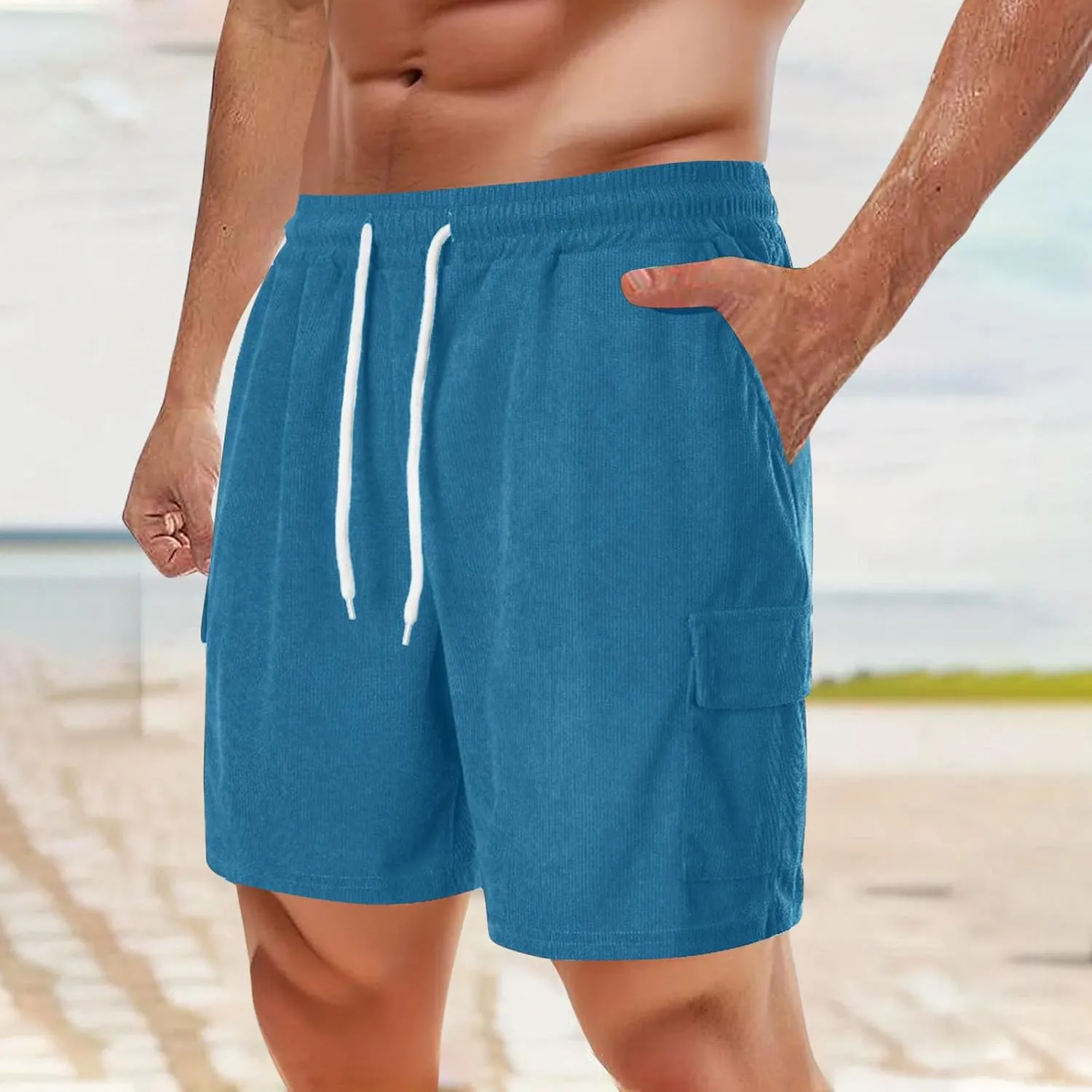 Men's Beach Cargo Shorts Casual Corduroy Elastic Waist Drawstring Lightweight Summer Beach Cargo Shorts