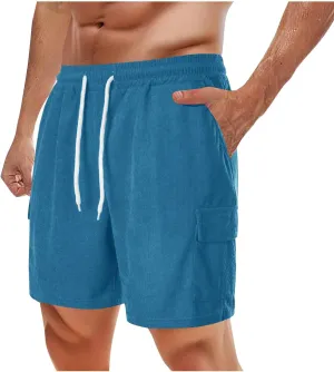 Men's Beach Cargo Shorts Casual Corduroy Elastic Waist Drawstring Lightweight Summer Beach Cargo Shorts