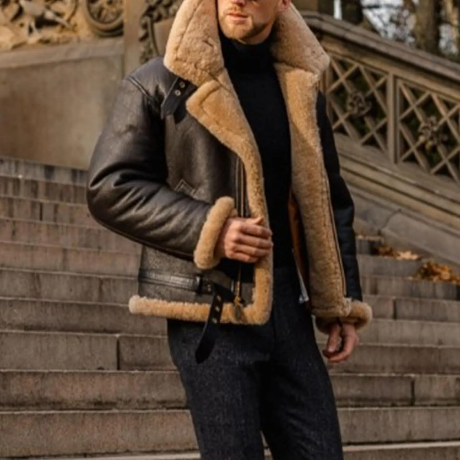 Mens Bomber Jacket Vintage Faux Fur Coat Sherpa Lined Heavyweight Shearing Coat Faux Leather Jackets Trench Coat