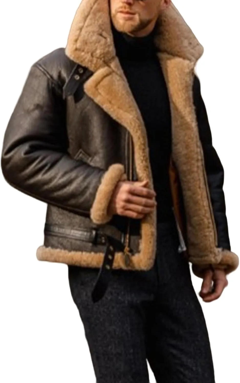 Mens Bomber Jacket Vintage Faux Fur Coat Sherpa Lined Heavyweight Shearing Coat Faux Leather Jackets Trench Coat