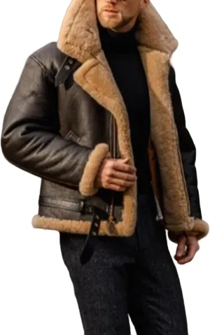 Mens Bomber Jacket Vintage Faux Fur Coat Sherpa Lined Heavyweight Shearing Coat Faux Leather Jackets Trench Coat