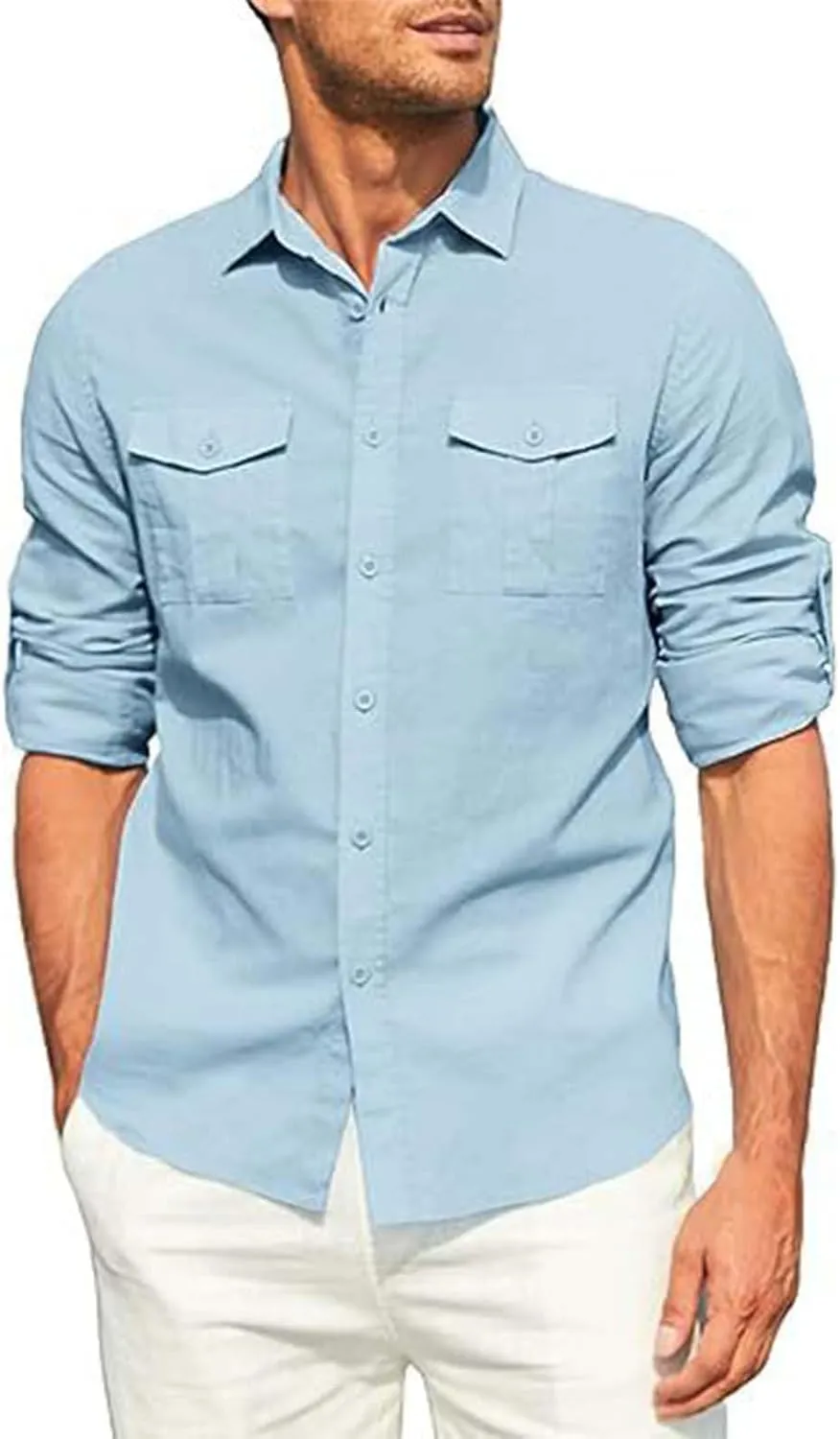 Mens Button Down Shirt Cotton Casual Linen Long Sleeve Summer Tops Lightweight Quick Dry Collared Hippie Beach Shirts