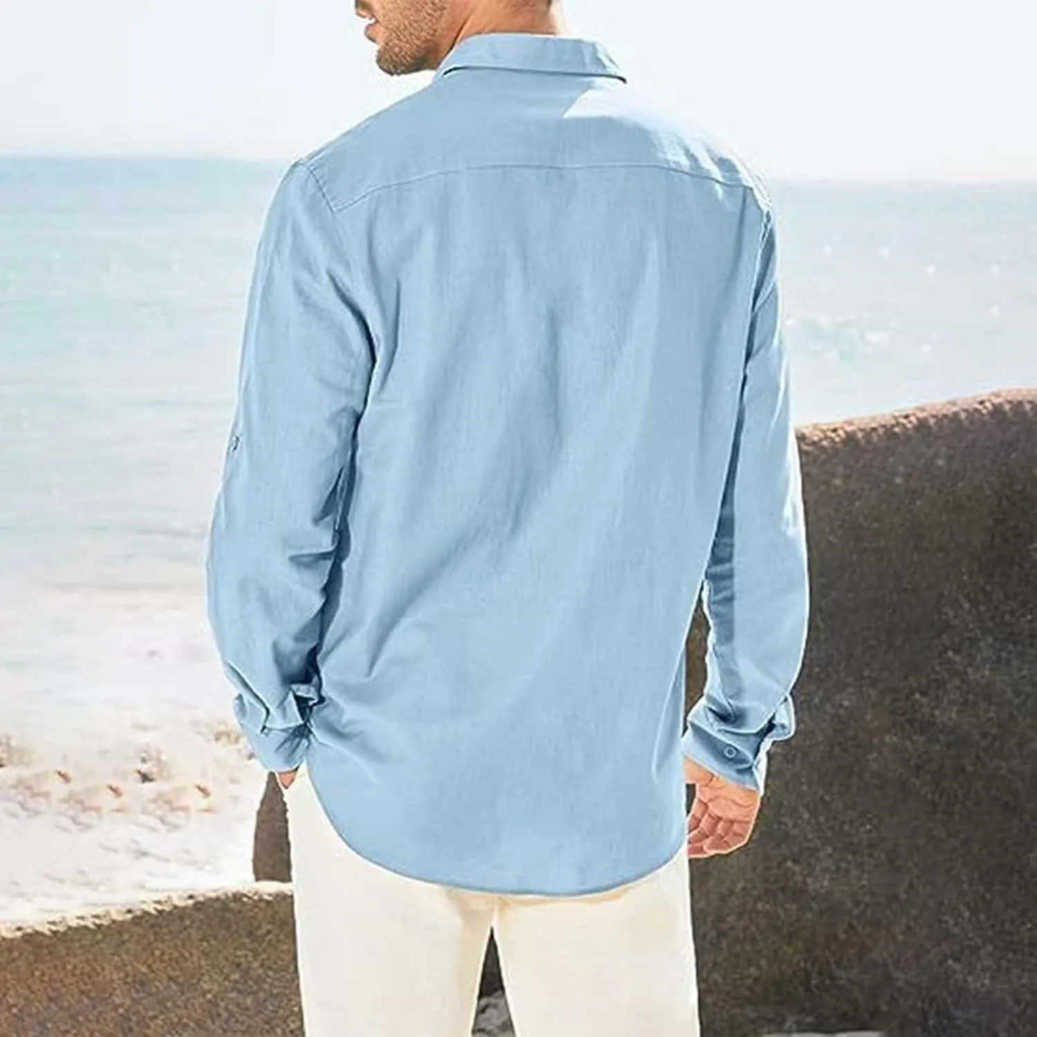 Mens Button Down Shirt Cotton Casual Linen Long Sleeve Summer Tops Lightweight Quick Dry Collared Hippie Beach Shirts