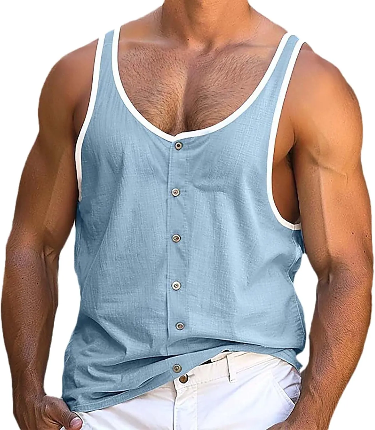 Men's Button Down Tank Top Solid Color Fashion Sleeveless Top Gym Workout Running Athletic Quick Dry Summer Muscle Shirt