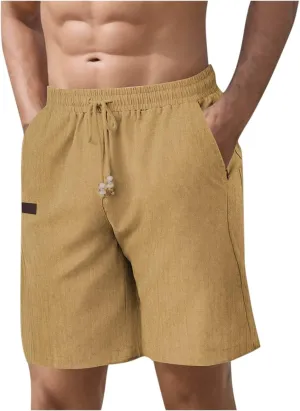Mens Casual Linen Shorts Casual Cotton Linen Shorts Elastic Waist Short Pants Lightweight Short Summer Golf Shorts
