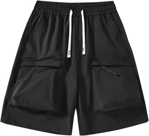 Mens Casual Sweat Cargo Shorts Solid Color Casual Fashion Cargo Shorts for Men Drawstring Elastic Waist Pants