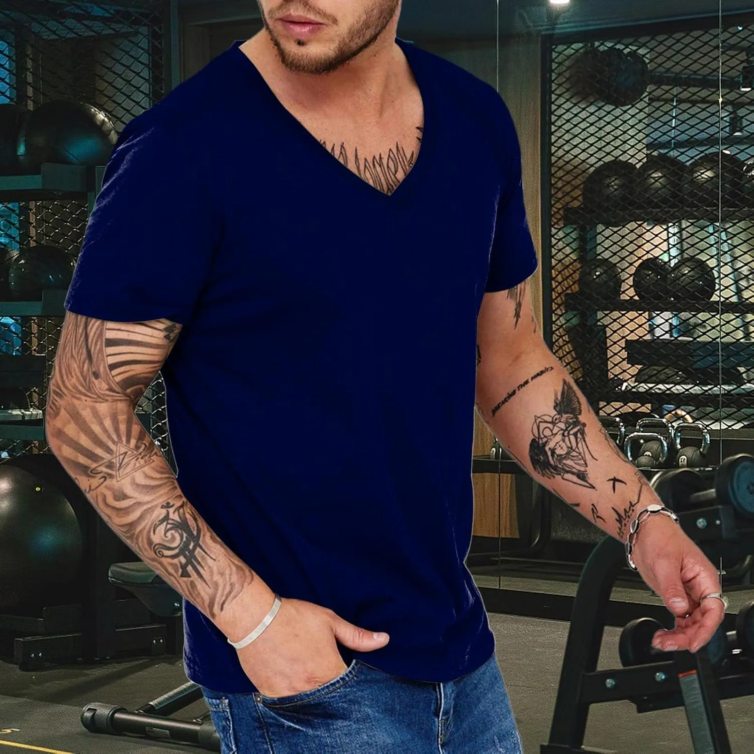 Mens Fitness V Neck Tshirts Plus Size Quick Dry Short Sleeve Stretch Casual Training Tops Workout Gym Running Muscle Shirts