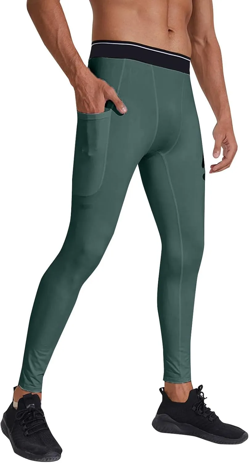 Men's Hiking Pants with Pockets High Waist Workout Leggings Running Tights Base Layer for Basketball Sports Athletic Pants