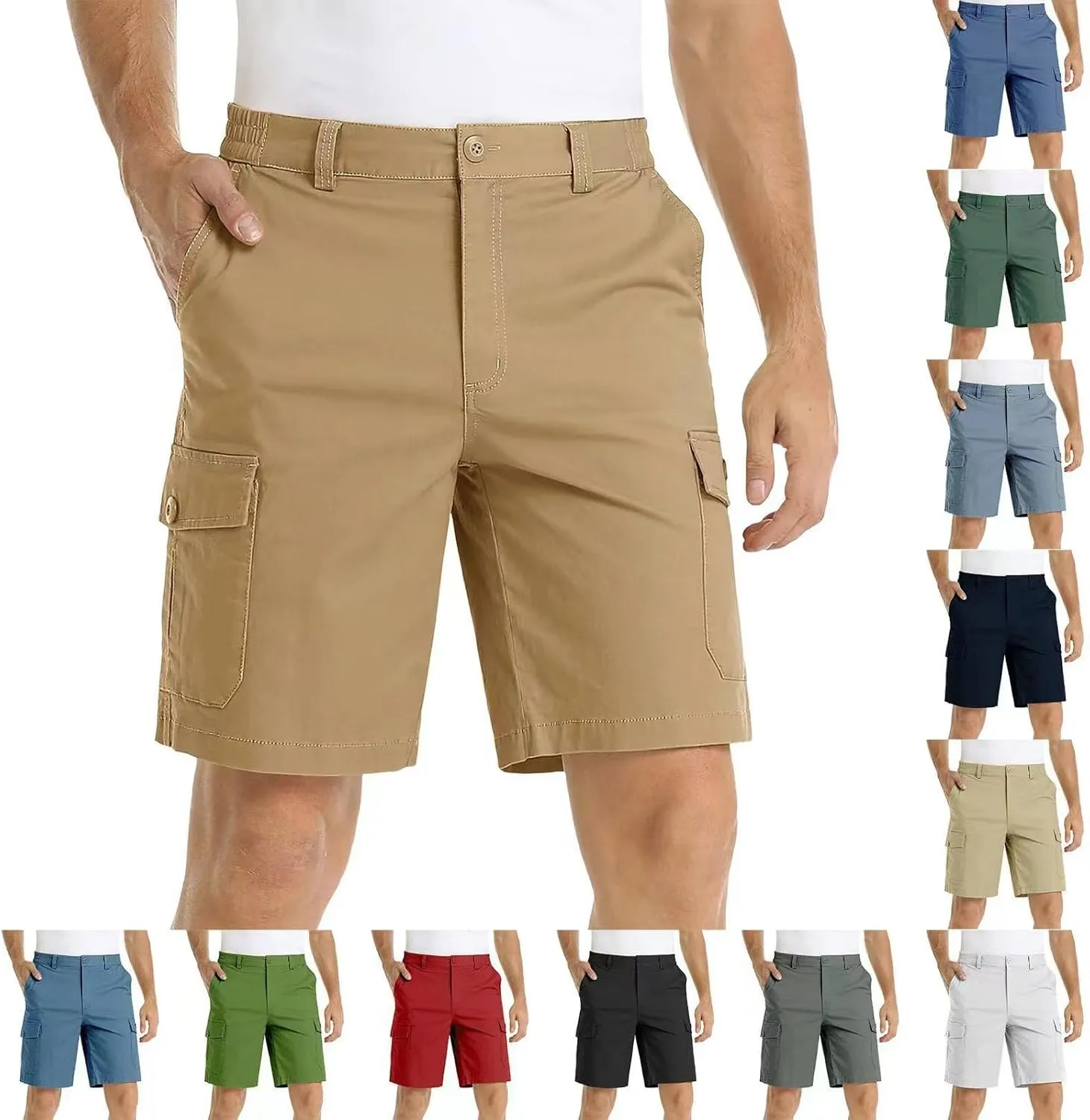Men's Lightweight Flat Front Work Dress Short Straight Leg Summer Slim Suit Shorts Casual Multi-Pocket Cargo Pant