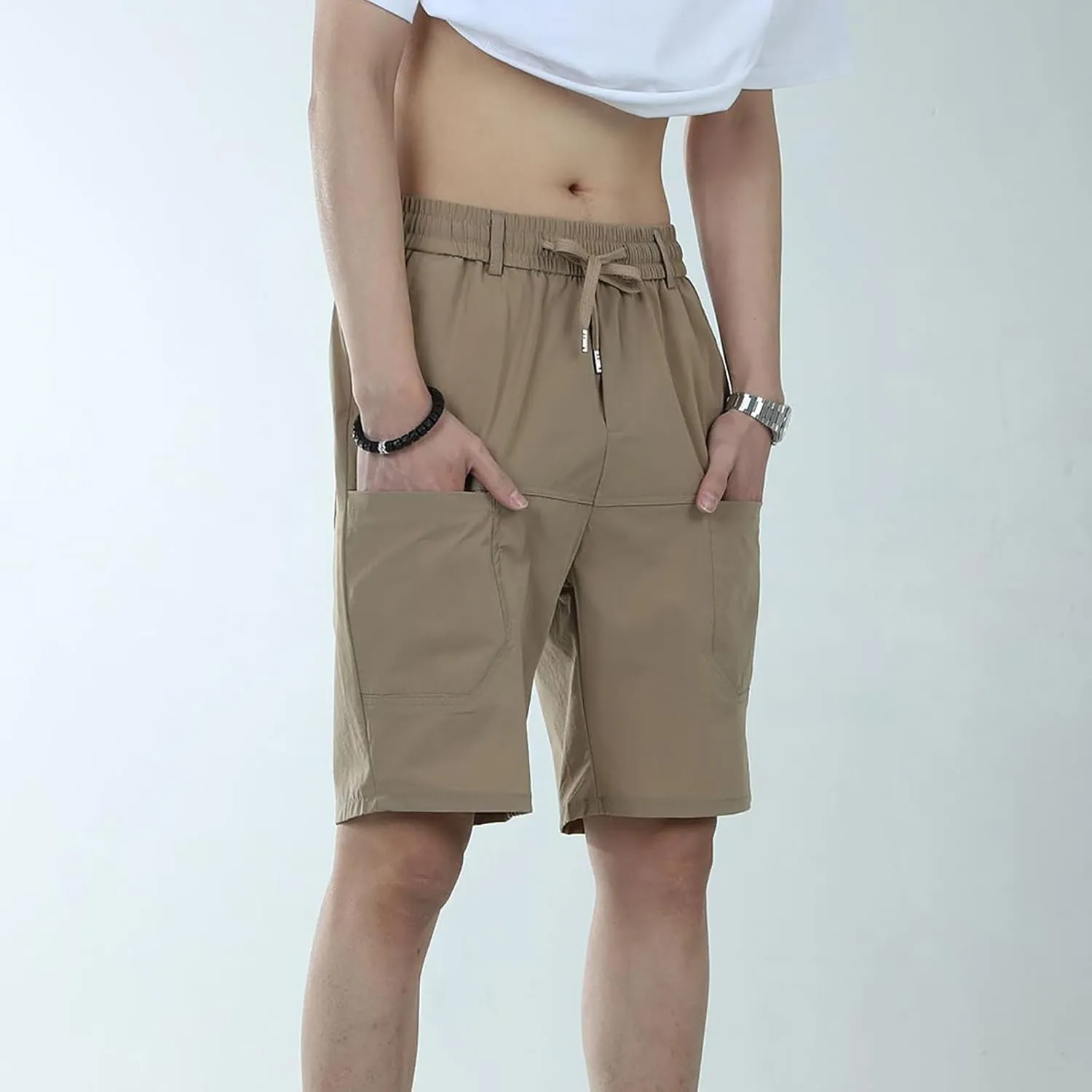 Mens Long Shorts Cotton Drawstring Waist Relaxed Fit Slim Fit Patch Pockets Outdoor Comfort Durable Cargo Pants