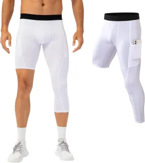 Mens One Leg Compression Tights for Basketball Gym Sport Leggings 3/4 Compression Pants with Pockets