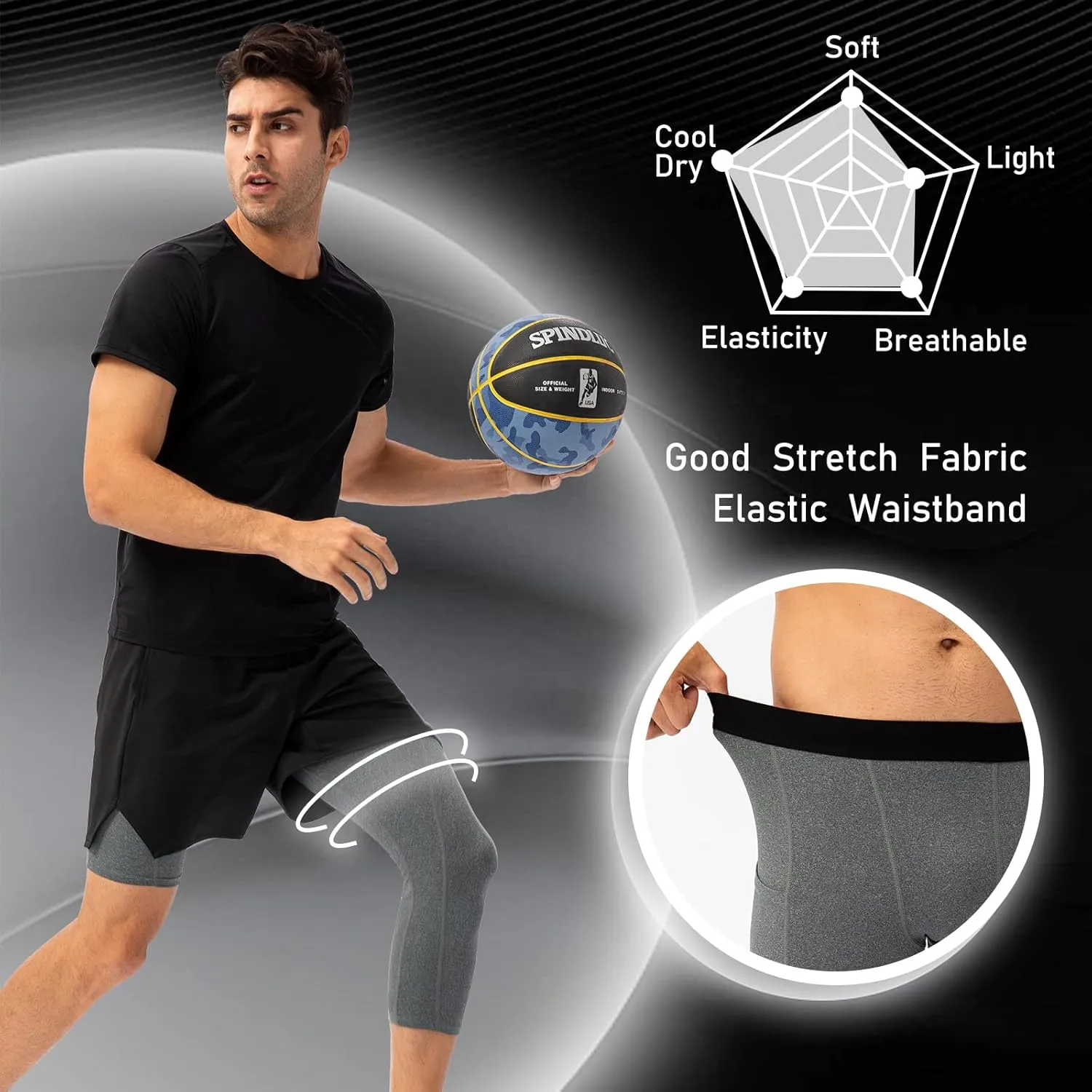 Mens One Leg Compression Tights for Basketball Gym Sport Leggings 3/4 Compression Pants with Pockets