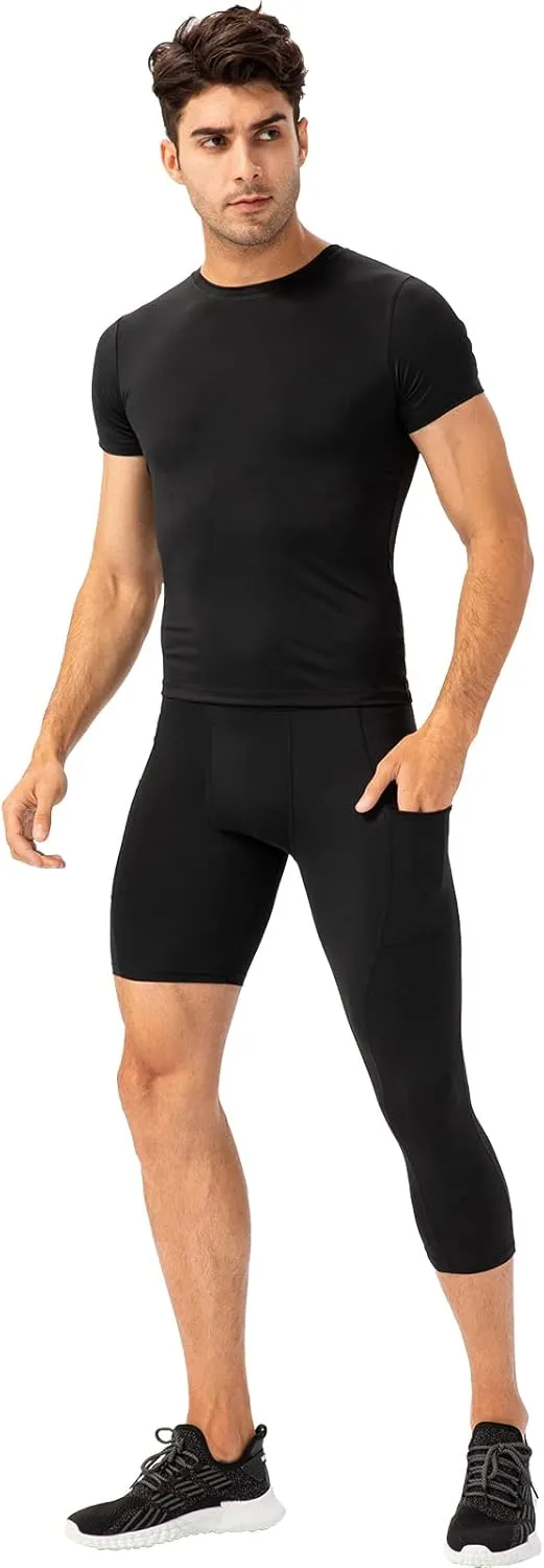 Mens One Leg Compression Tights for Basketball Gym Sport Leggings 3/4 Compression Pants with Pockets