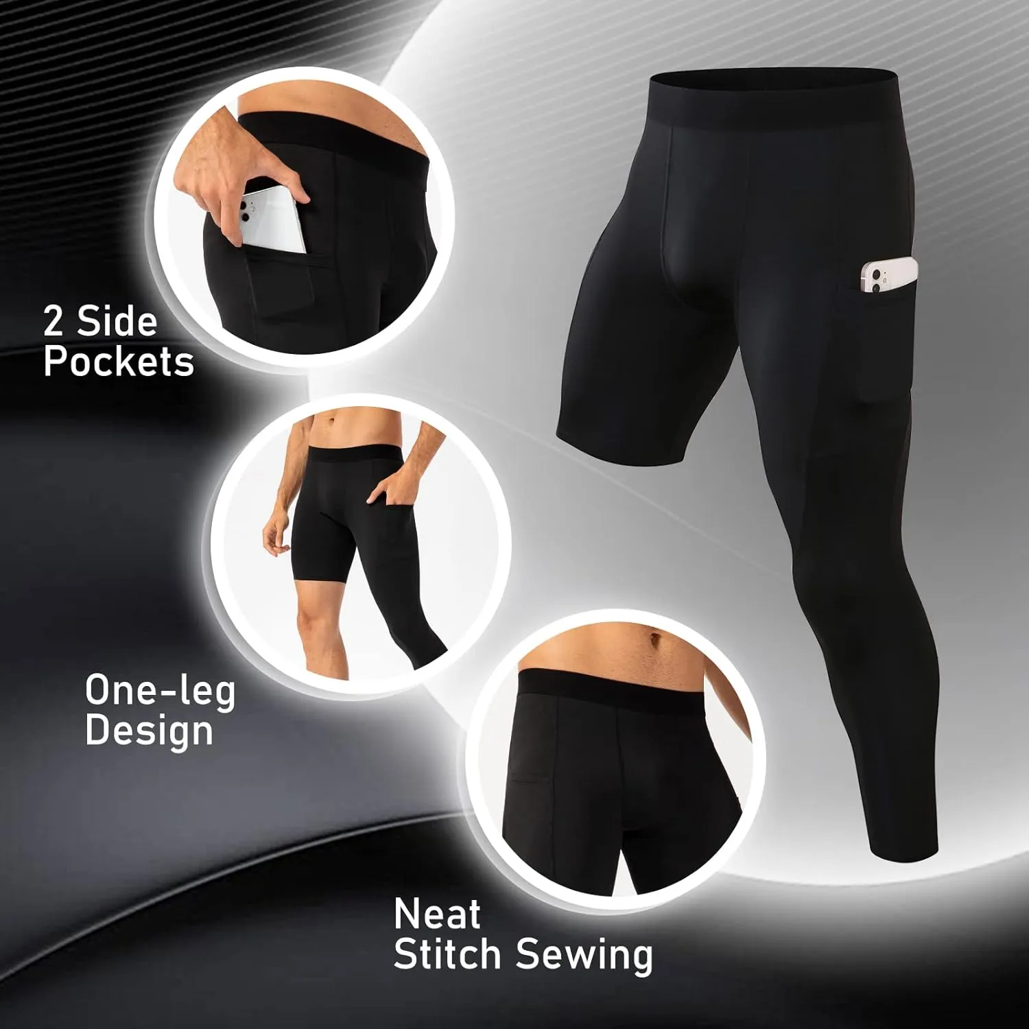 Mens One Leg Compression Tights for Basketball Gym Sport Leggings 3/4 Compression Pants with Pockets
