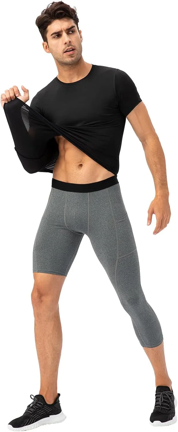Mens One Leg Compression Tights for Basketball Gym Sport Leggings 3/4 Compression Pants with Pockets