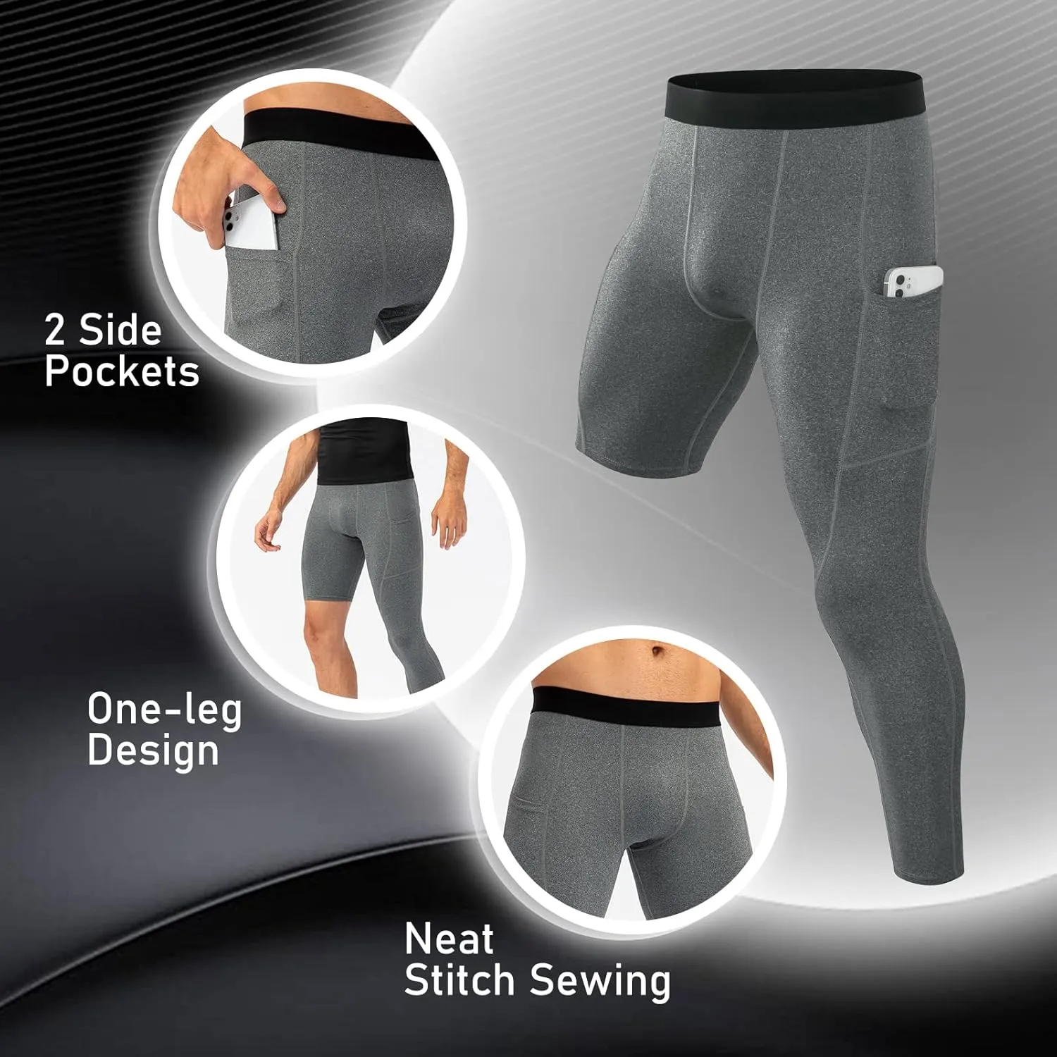 Mens One Leg Compression Tights for Basketball Gym Sport Leggings 3/4 Compression Pants with Pockets