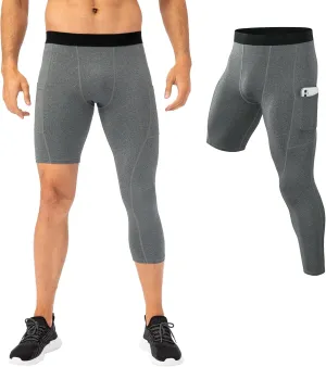 Mens One Leg Compression Tights for Basketball Gym Sport Leggings 3/4 Compression Pants with Pockets
