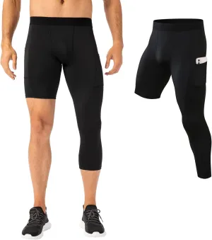 Mens One Leg Compression Tights for Basketball Gym Sport Leggings 3/4 Compression Pants with Pockets