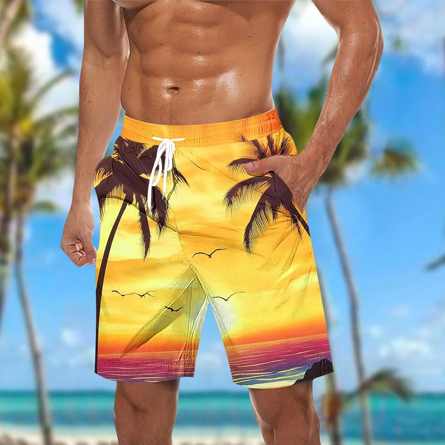 Mens Shorts Casual Cotton Linen Shorts Hawaiian Elastic Waist Short Pants Drawstring Lightweight Short Summer Shorts